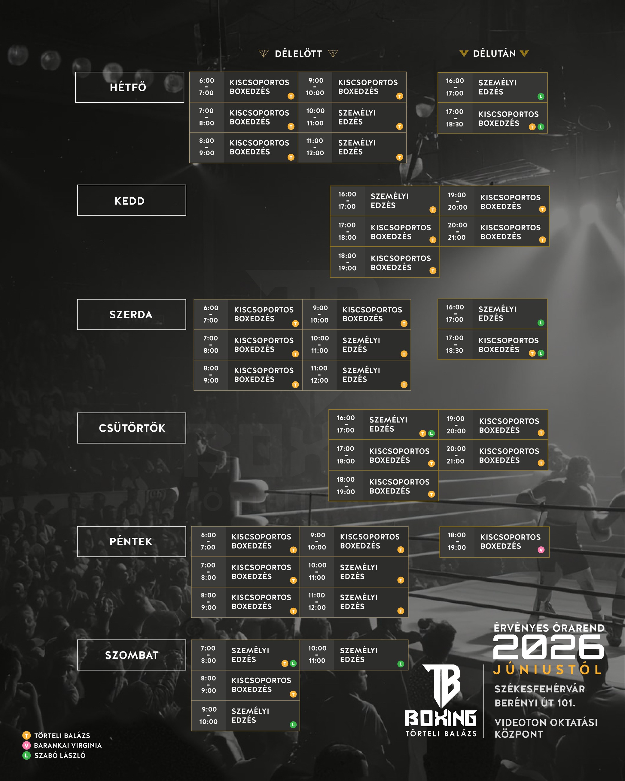Törteli Box Club aktuális órarend